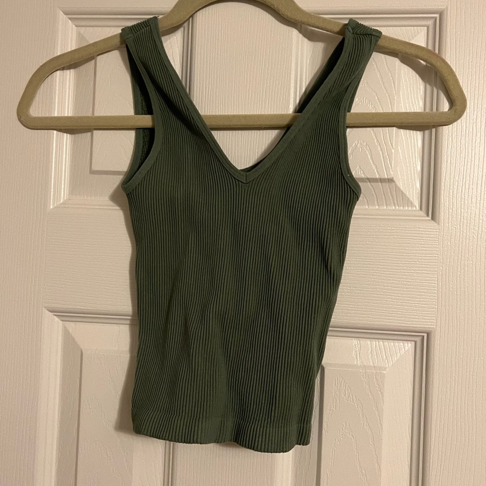 High quality thick ribbed green v-neck tank tops.